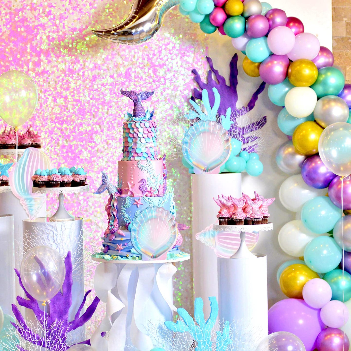 Cunhill 96 Pcs Mermaid Plates and Napkins for 24 Guests, 7 Inch 9 Inch Seashell Plates Iridescent Mermaid Party Supplies for Birthday Ocean Under The Sea Baby Shower Decoration(Stylish Style)