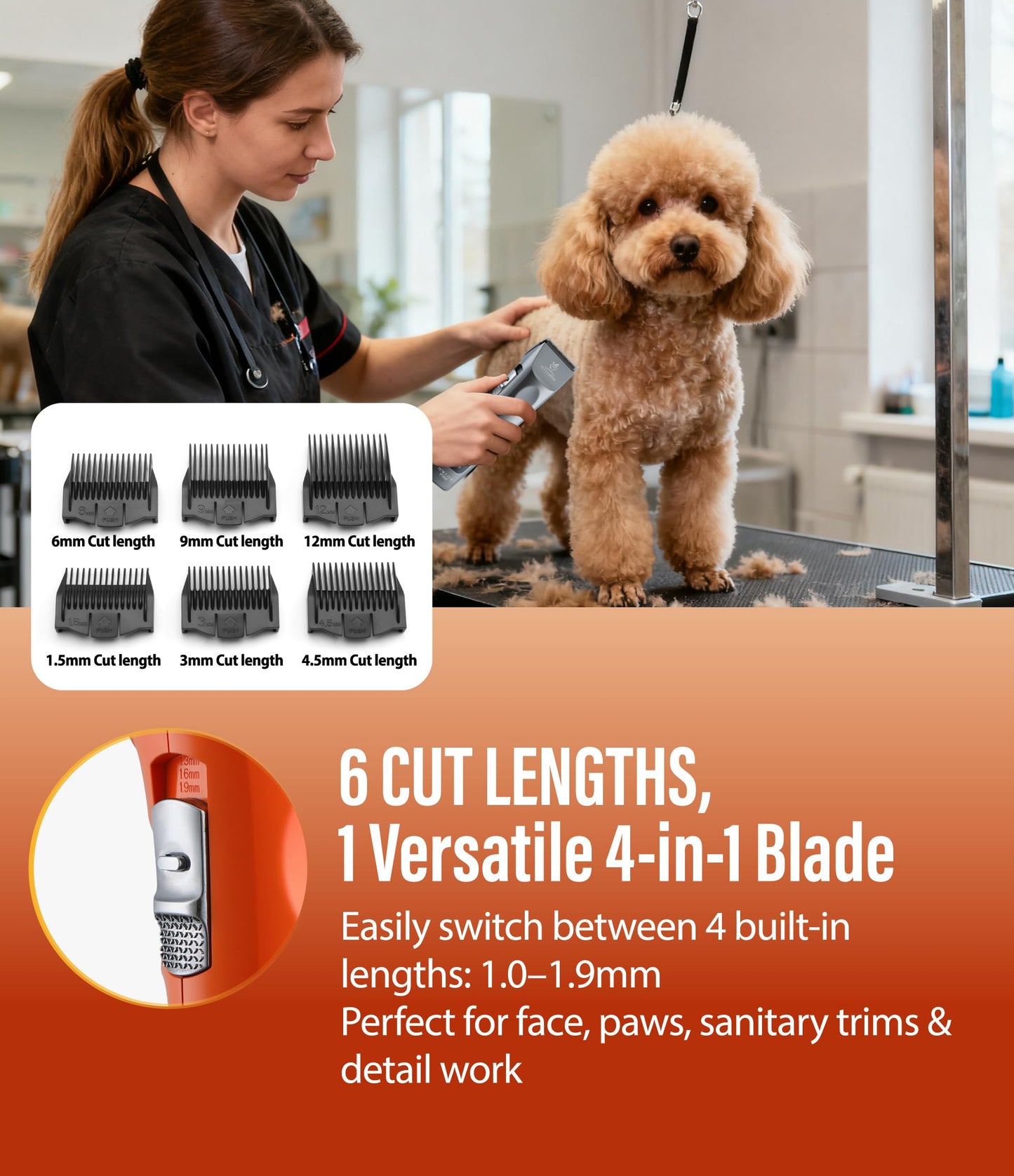Professional Dog Grooming Clippers with 17H Runtime & Replaceable 440C Blade, 5-Speed Low Noise Electric Dog Shaver for Thick, Matted, Curly Hair, Cordless Clipper for Groomer & Home Use, Orange