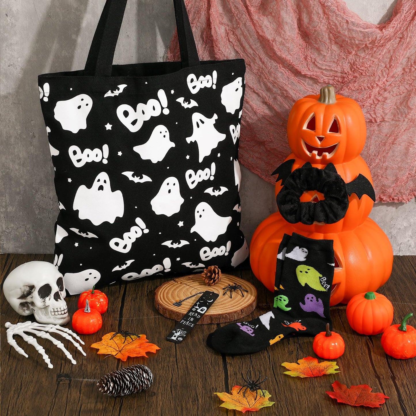 Paterr 5 Pcs Halloween Boo Basket Gift Set Spooky Tote Bag Cute Bookmarks Ghost Socks Bat Scrunchy Greeting Card Boo Basket Stuffer for Women