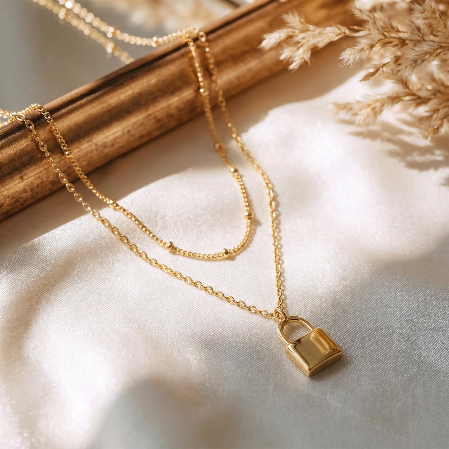 MEVECCO Gold Dainty Layer Lock Necklace,18K Gold Plated Cute Delicate Tiny Layered Bead Chain Necklace,Trendy Minimalist Necklace for Women