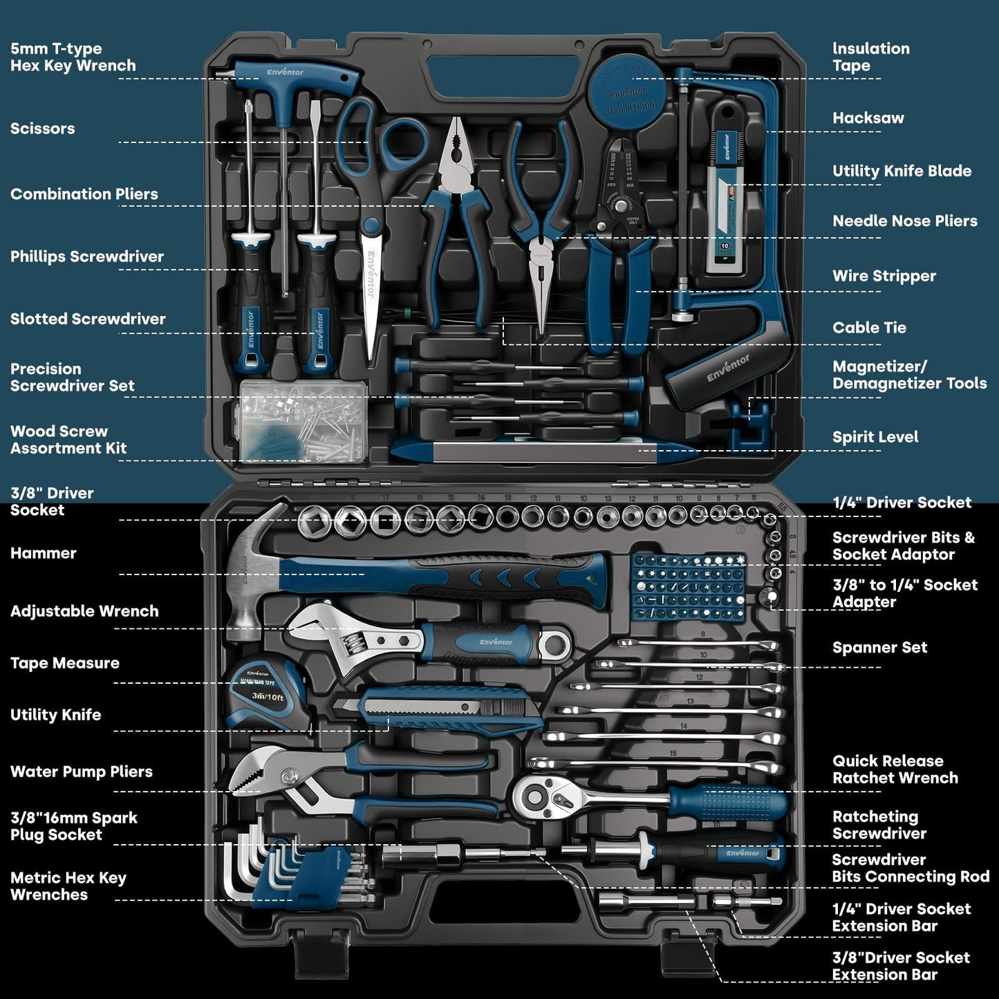 Enventor Tool Set, 220-Piece Home Tool Kit with Toolbox, Wrench and Hand Tools for Home Repairs, Auto Maintenance, DIY & General Use,Household Repair Tools for Men & Women, Blue