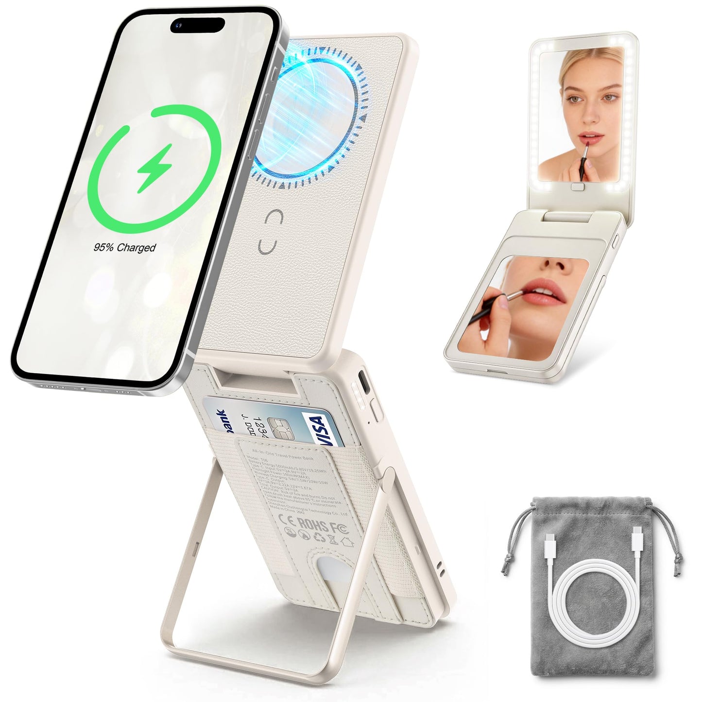 5-in-1 Portable Charger for Women, 5000mAh Magnetic Wireless Power Bank w/ Makeup Mirror, Phone Stand, Bluetooth Remote, Card Holder, Travel Essentials, Mothers Day Birthday Gift for Mom, Wife, Khaki
