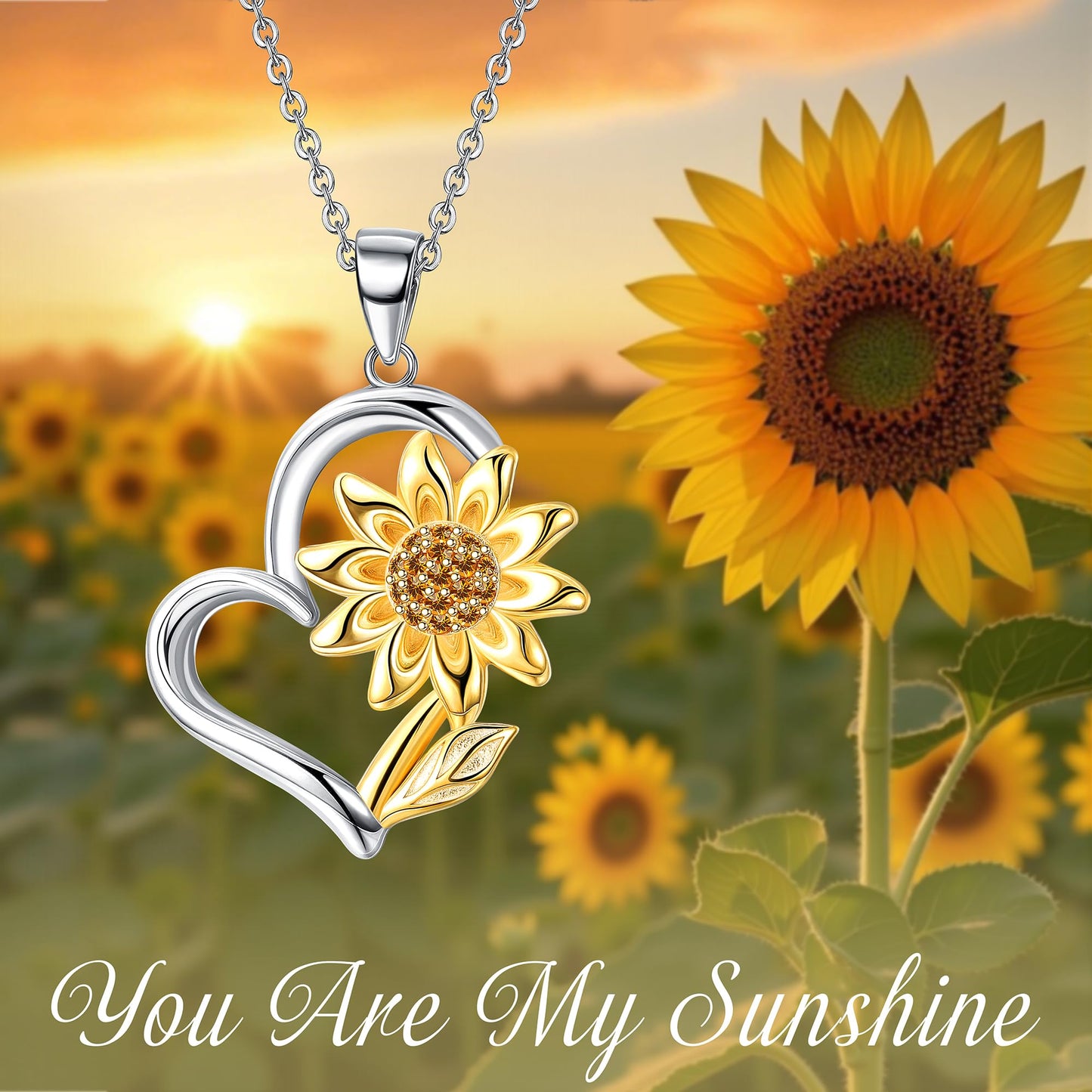 MILACOLATO 925 Sterling Silver Sunflower Necklace 14K Gold Plated You're My Sunshine Sunflower Heart Pendant Necklace Cubic Zirconia Sunflower Jewelry Gift for Women Mom