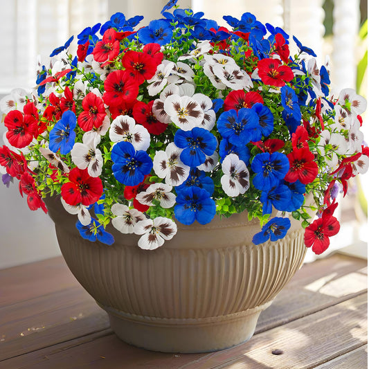 18 Pcs Artificial Fake Pansy Flowers for Outdoor, UV Resistant Faux Silk Pansies Patriotic Flowers for Outside for Planter Front Door Porch Patio Window 4th of July Home Decor (18, Red, White, Blue)