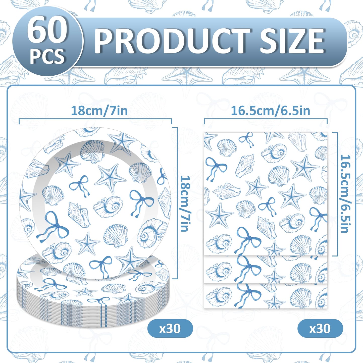 Jisfigtrh 60PCS Blue Bow Seashell Tableware Kit 7" Under The Sea Dinner Plates Ocean Dessert Plates Beach Starfish Seashell Party Supplies for Kids Girls Boys Birthday Graduation Events