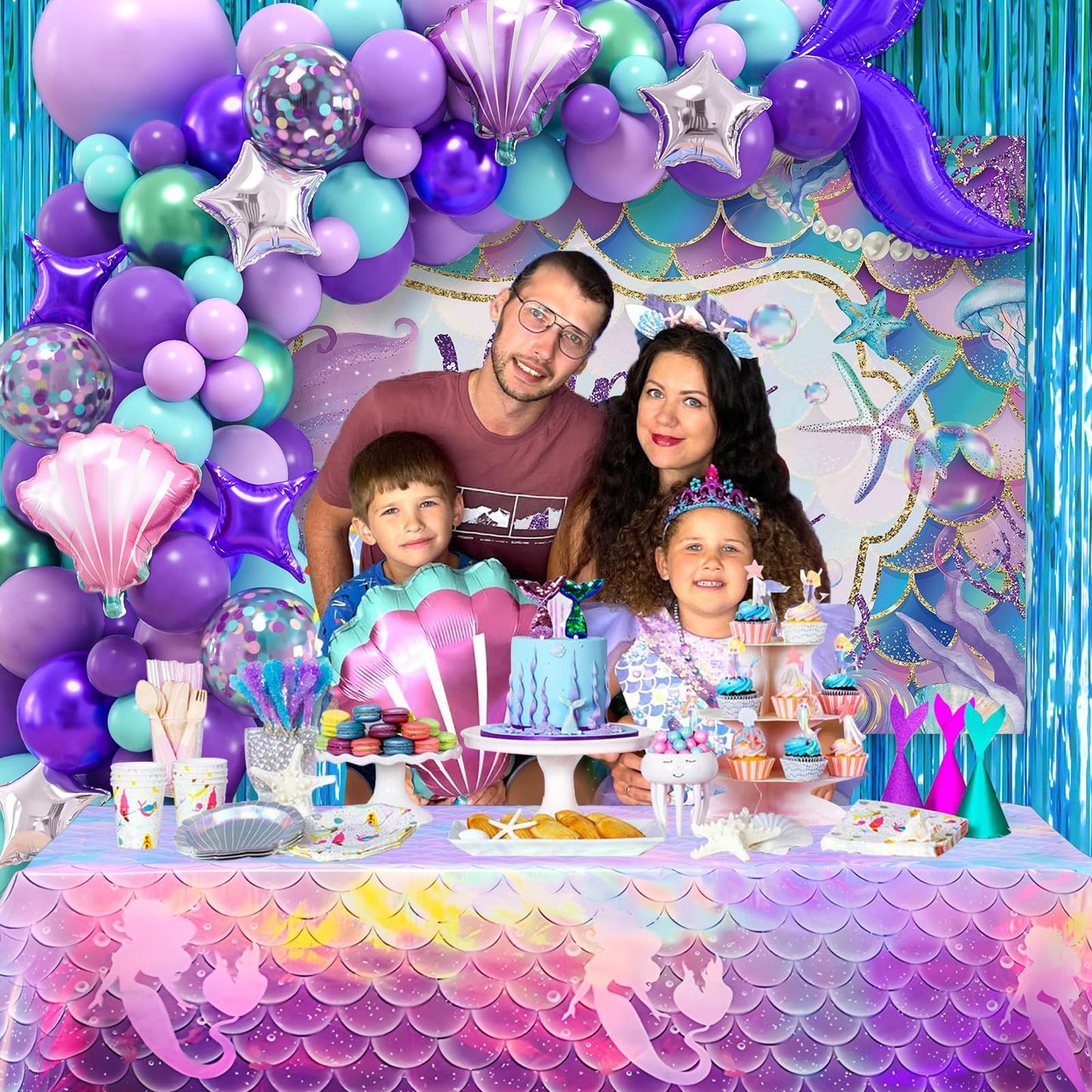 SNLN 139Pcs Mermaid Birthday Party Decorations Supplies for Girl Kid, Mermaid Balloon Arch & Backdrop Tablecloth Fringe Curtain Tail Shell Star Foil Balloon, Princess Themed Mermaids Party Decoration