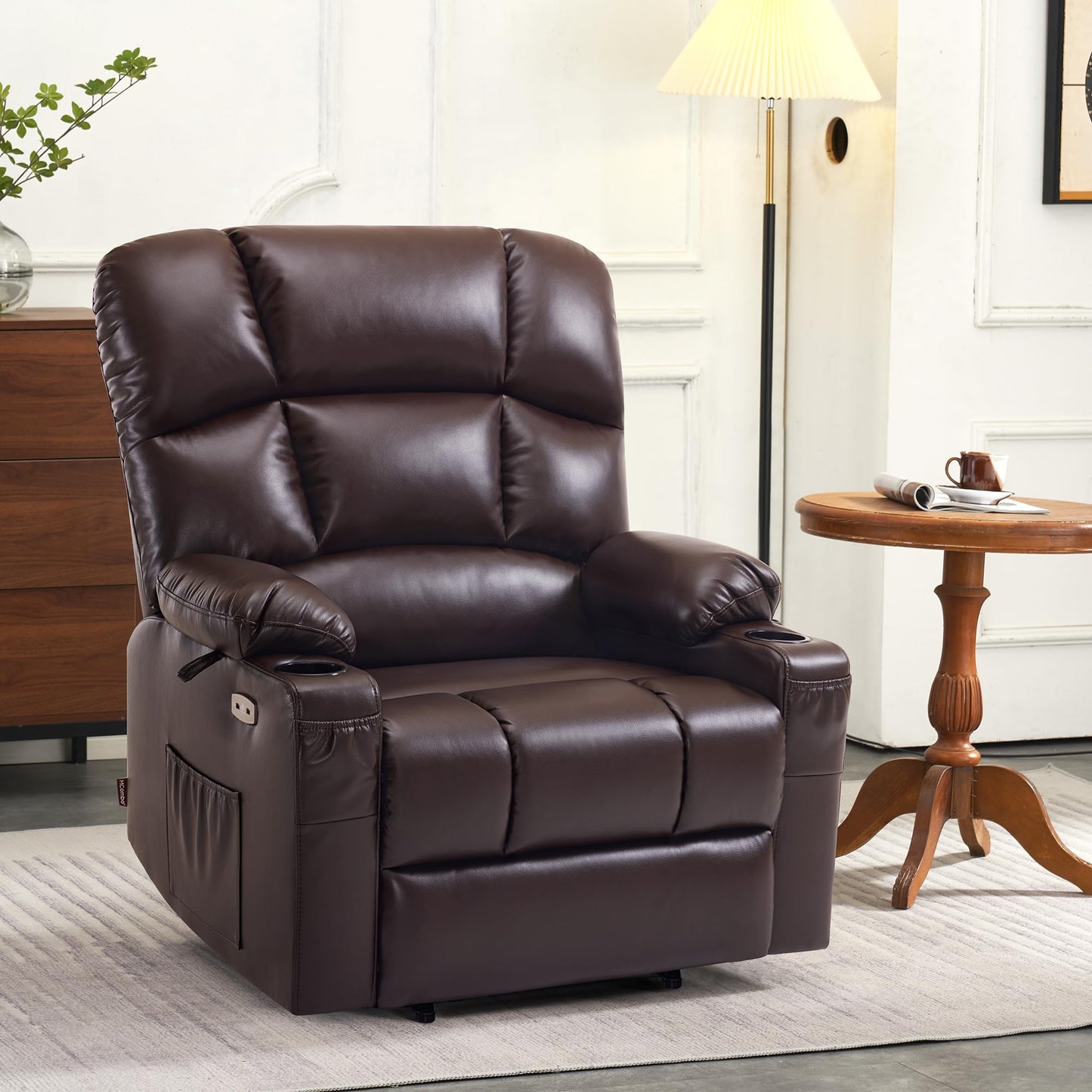 MCombo Oversized Dual Motor Power Lift Recliner Chair Sofa with Massage and Heat for Big Elderly People, Infinite Position, USB Ports, Faux Leather R7688 (Dark Brown, Large-Oversize)