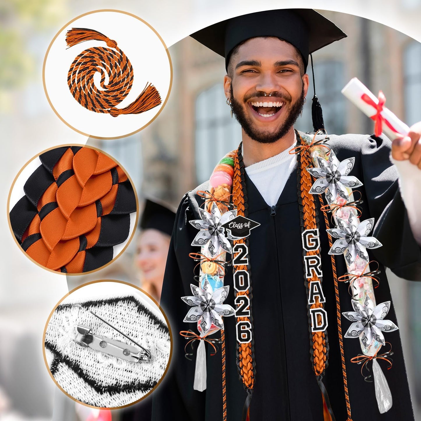 YLOLUL 16 Pcs Graduation Leis 2026 Graduation Candy Lei Kit with Honor Cord Class of 2026 Graduation Ribbon Money Lays Necklace Graduation Gift Party Accessories for Women Men
