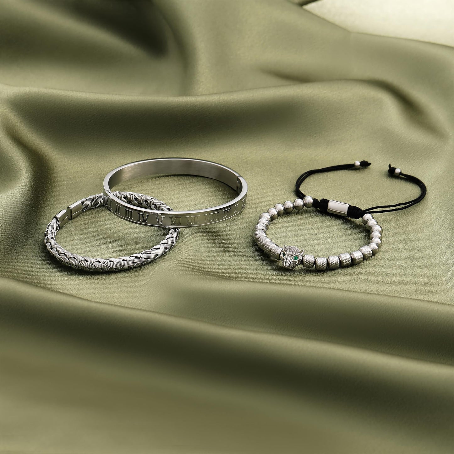 WFYOU 3PCS Stainless Steel Bracelets for Men Gold Roman Numeral Bangle Bracelet Twisted Cable Bracelet Adjustable Cuff Bracelet Mens Luxury Jewelry Bracelets Gifts(O:Silver-CZ Leopard Head)