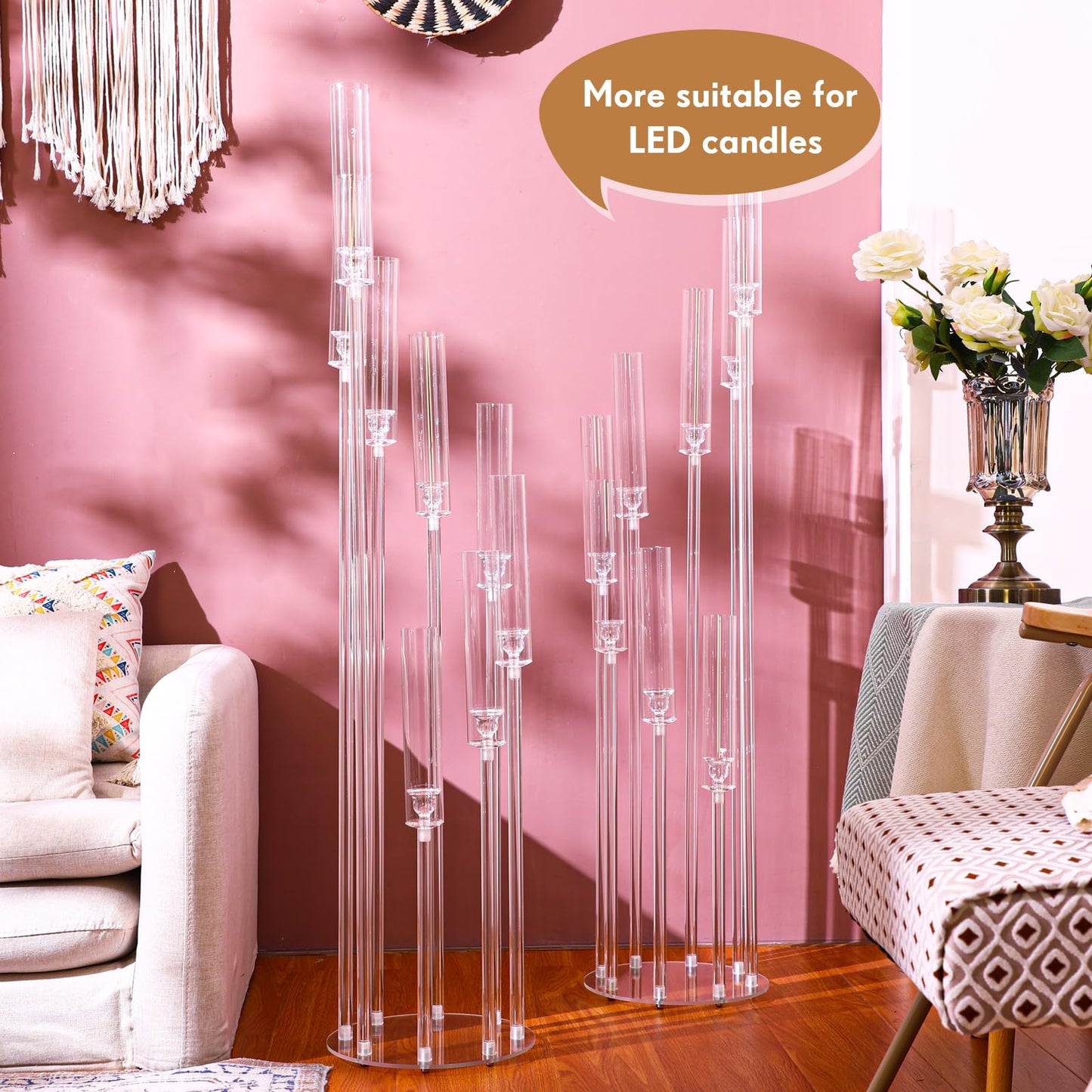 Vesici 2 Pcs 8 Arm Acrylic Candelabra Centerpieces for Tables 49.6 x 11 Inch Candlesticks Holder Clear Acrylic Candle Holder for Wedding Ceremony Floor Home Dinner Party, Fit 0.8" LED Candle"