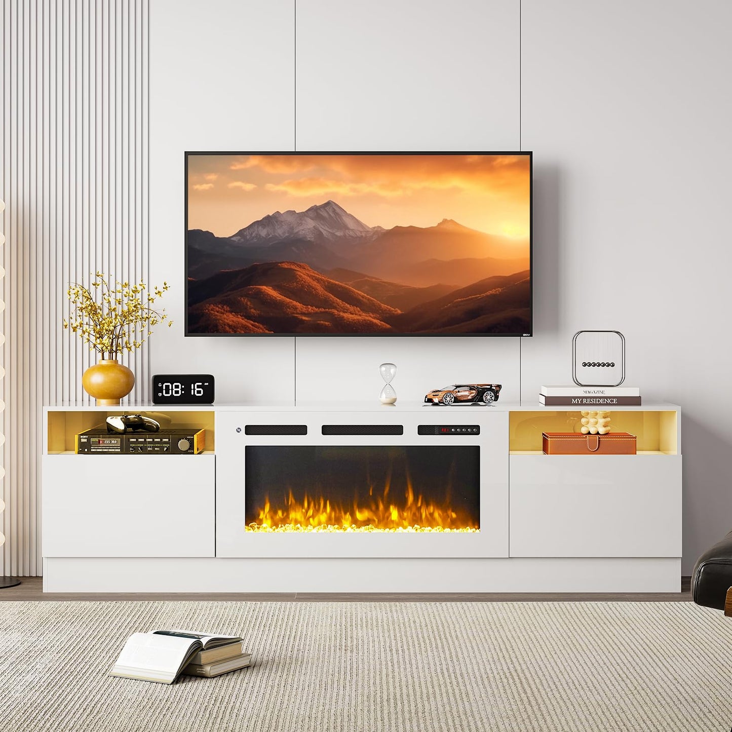OneBlis 70" Fireplace TV Stand, LED Light Entertainment Center for TVs Up to 80", High-Gloss Door, Modern TV Console for Living Room with Storage Cabinet, White+White