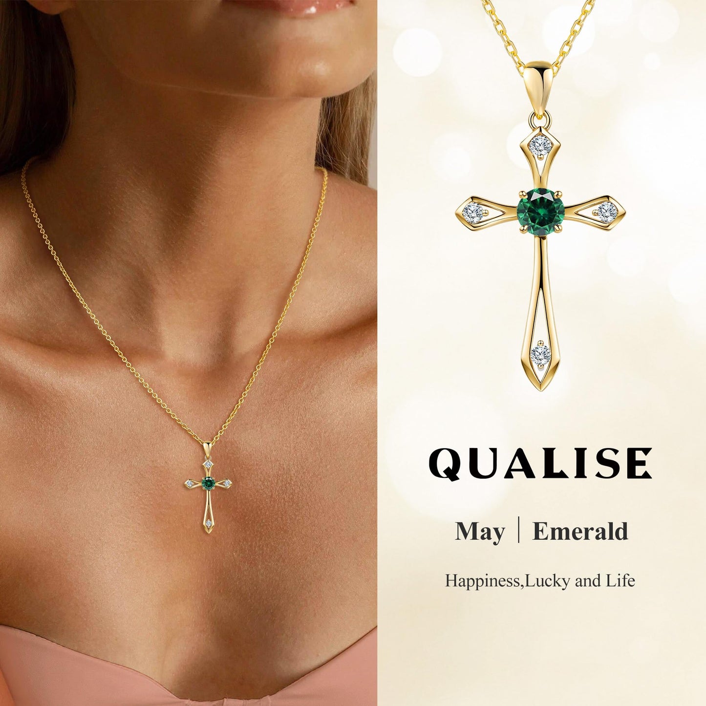14K Gold Plated Solid Cross Necklace for Women,925 Sterling Silver Ladies Faith Cross Birthstone Pendant Christian Religious Confirmation Baptism Everyday Fine Jewelry Anniversary Birthday Gifts for Her