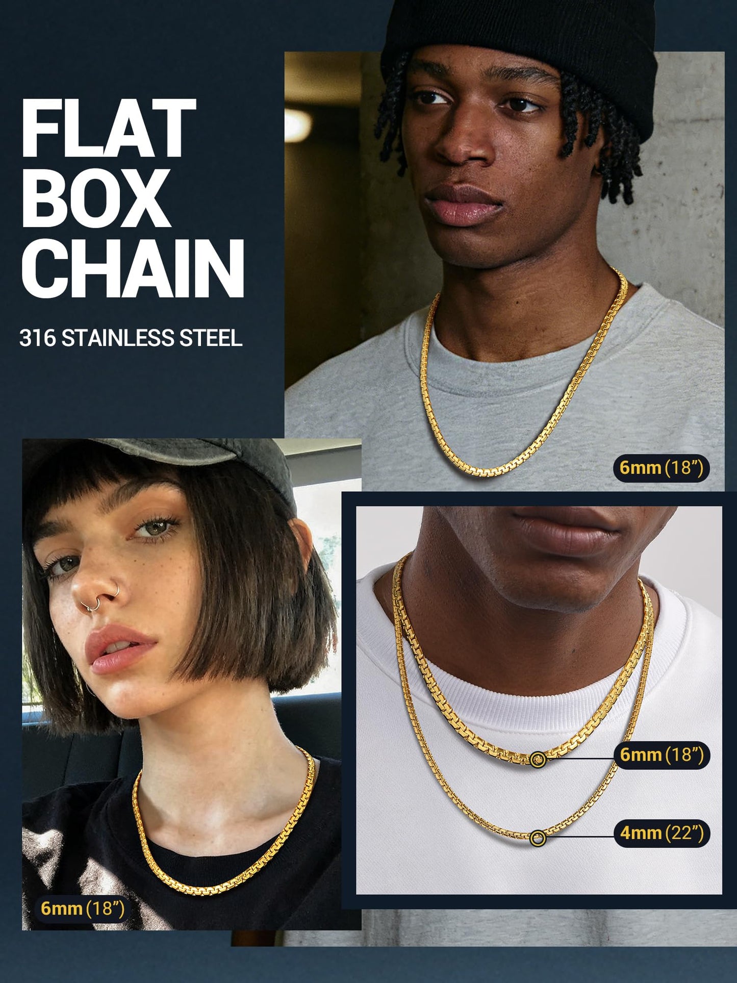 PROSTEEL Hip Hop Chain for Men Necklace Jewelry 18in 4mm Flat Chain Layering Necklaces