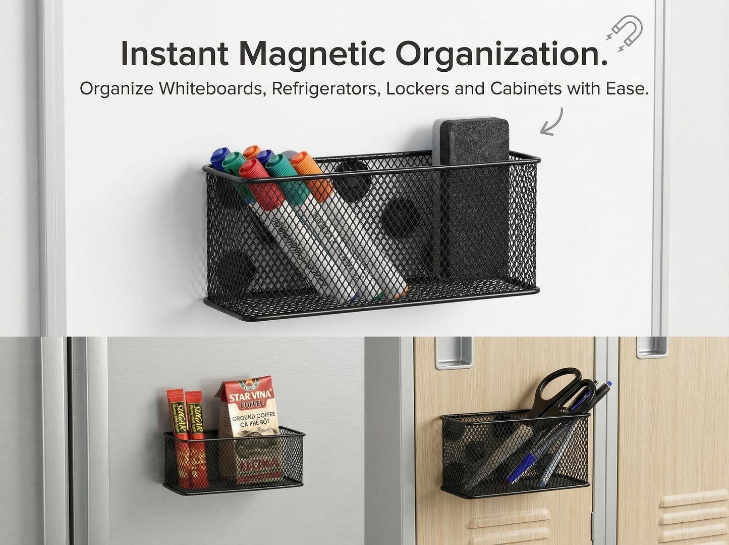 Neudeco Magnetic Locker Organizer and Accessories, Wire Mesh Magnetic Storage Basket, Magnetic Holder for Dry Erase Markers, Strong Magnet Pen Holder for Fridge School, Pack of 3, Black