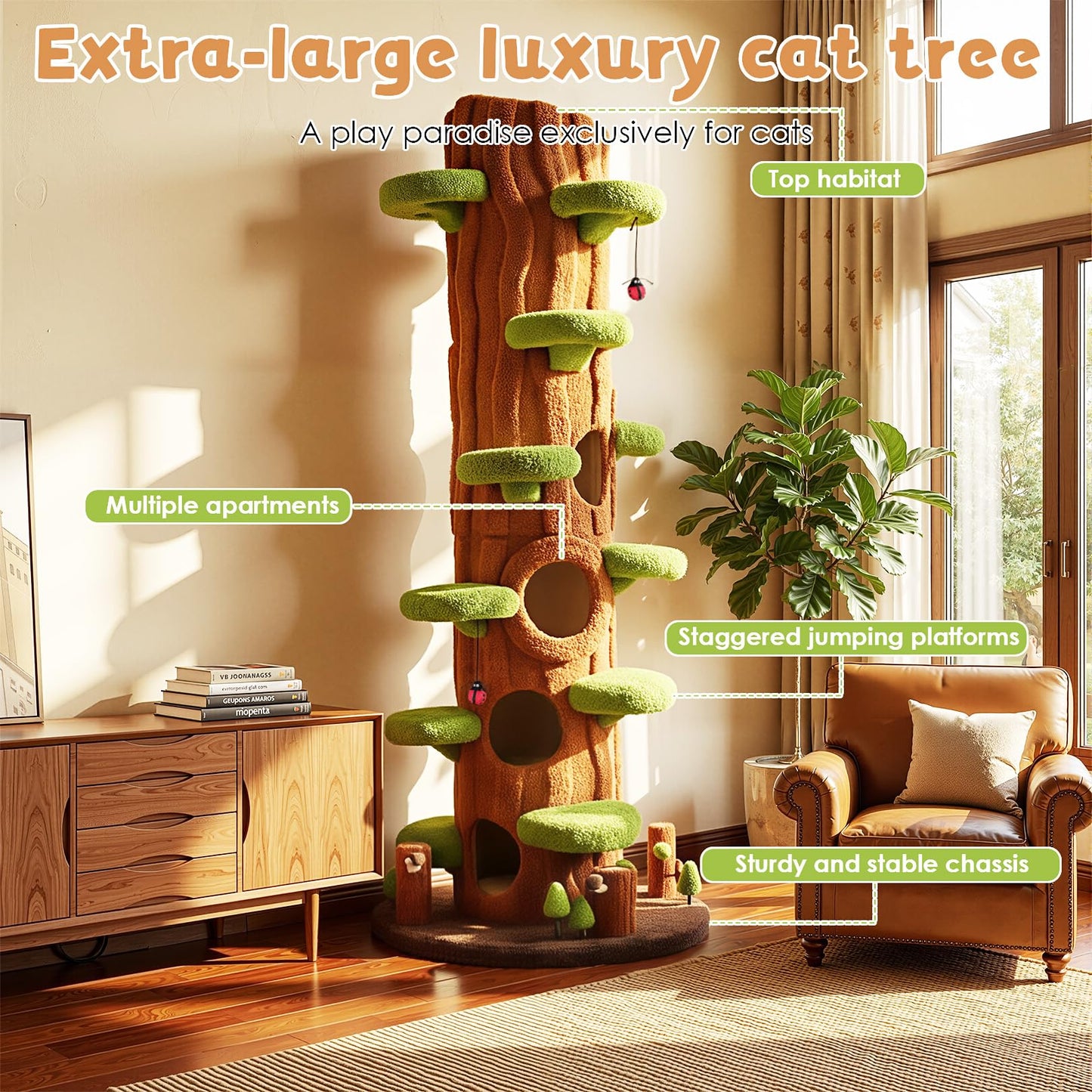NUNU LAB 90.5 Inch Tall Cat Tree - Large Magic Forest Cat Tree Tower with Sisal Scratching Posts, Side Hideout & Platforms, Multi-Level Solid Wood Cat Condo with for Multi-Cat Homes (Large Green)