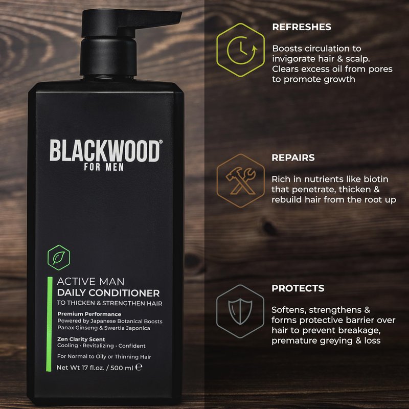 BLACKWOOD FOR MEN Active Man Daily Hair Conditioner for Men, Thickening Conditioner, Deep Nourishing Treatment for Shine, Hair Loss & Dandruff - Natural Vegan Formula Sulfate-Free, Paraben-Free,17 oz