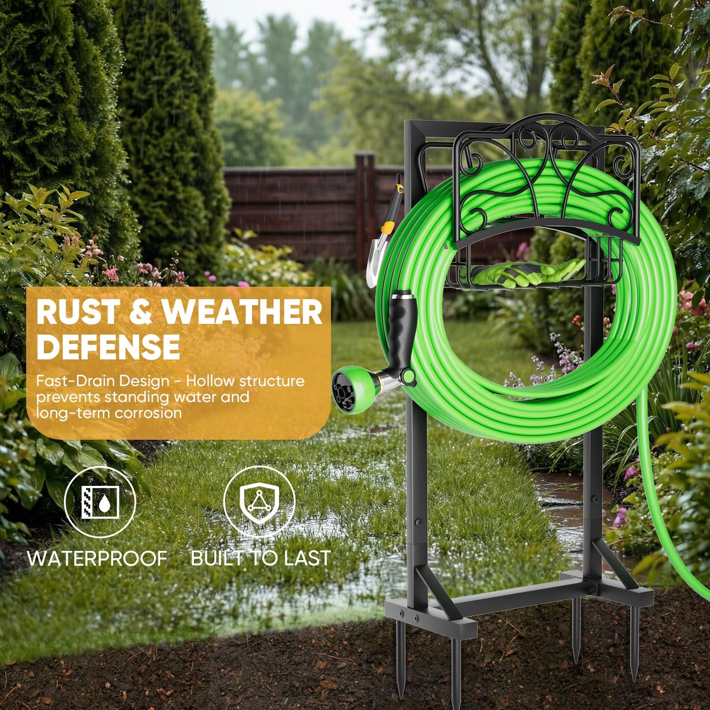 Xeapoms Heavy-Duty Garden Hose Holder with Storage Basket and Tool Hooks, Stable Hose Hanger Metal Garden Hose Storage Holds 160Ft, Rustproof Freestanding Water Hose Holder for Outside,Yard,Lawn,Farm