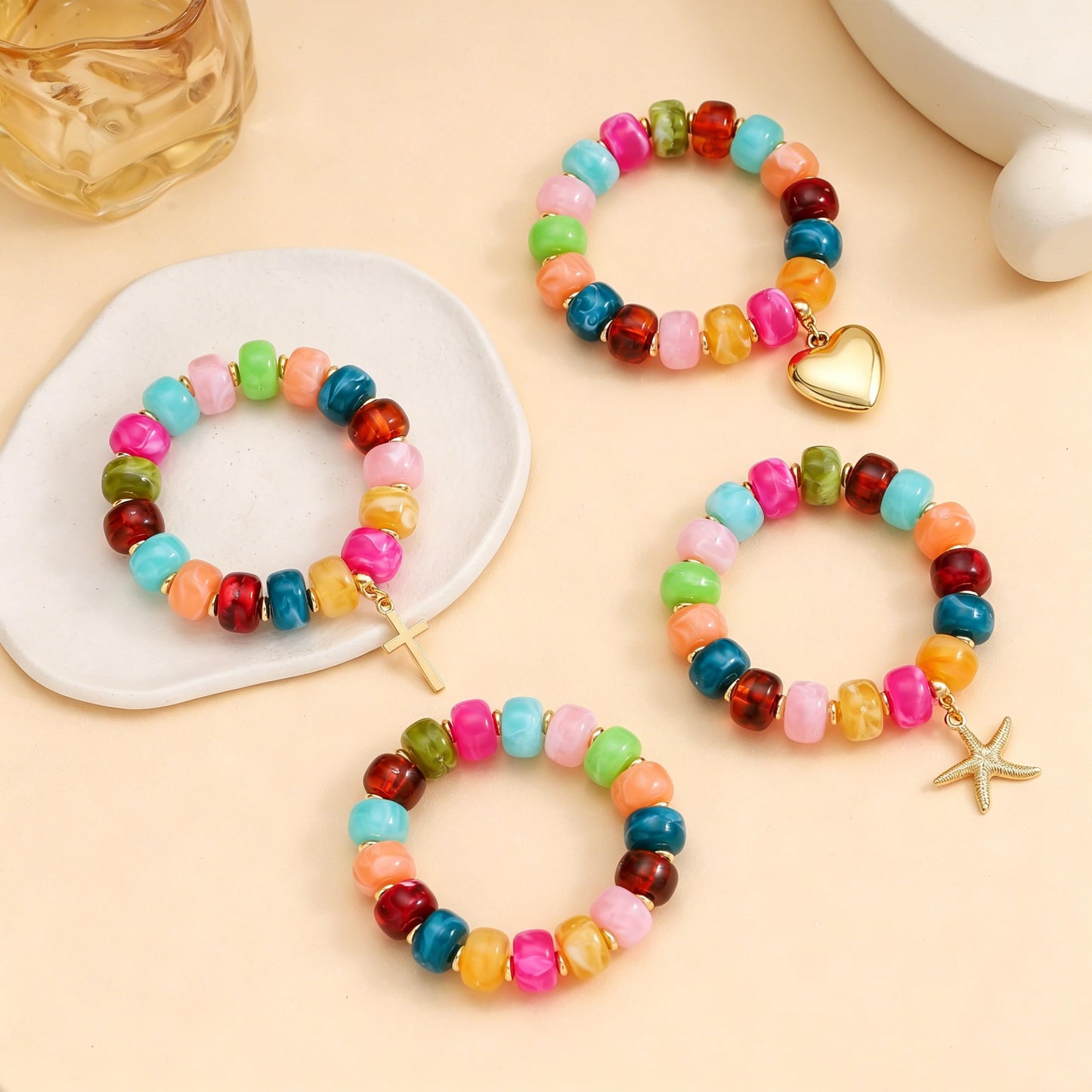 Coprall Colorful Beaded Bracelets Boho Jewelry for Women Multicolor Resin Chunky Bracelet Summer Vacation Outfits Beach Gifts(Heart)