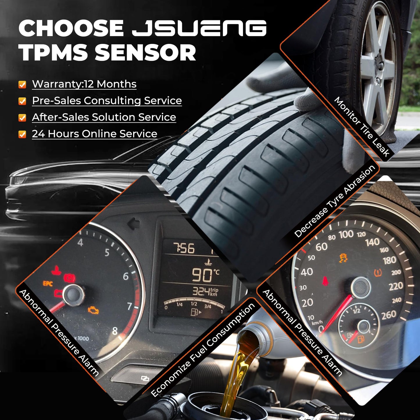 Jsueng 13598772 TPMS Sensor, GM Tire Pressure Monitoring System Sensor for Chevy Silverado Buick Cadillac GMC Hummer Saturn SAAB, 315mhz Replaces 13586335 13598771 13581558 Set of 4