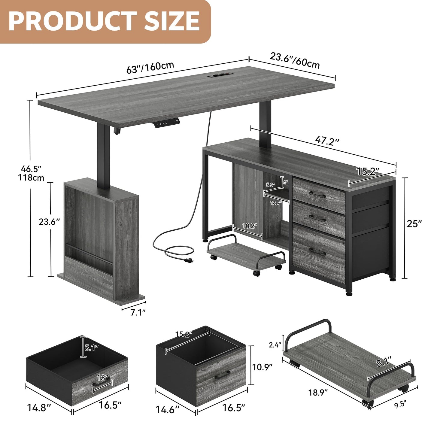 Homiflex 63" L Shaped Standing Desk with 3 Drawers Electric Adjustable Height Desk Corner Standing Desk with Storage Computer Game Desk with Power Outlets Computer Tower Stand for Home Office, Grey