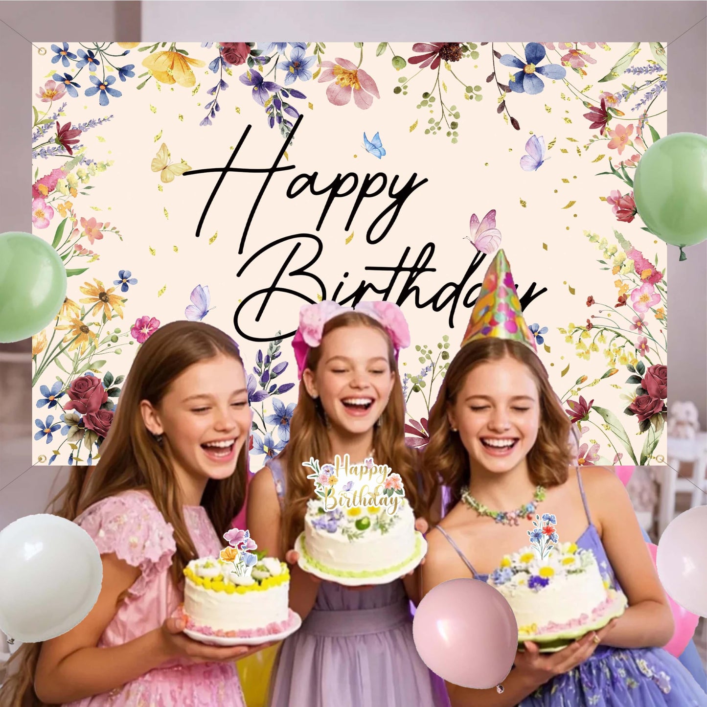 Wildflower Birthday Decorations for Women Girls, Sage Green Dusty Pink Balloon Arch Garland Kit with Floral Happy Birthday Backdrop, 12 Cupcake Toppers, Boho Spring Garden Party Supplies