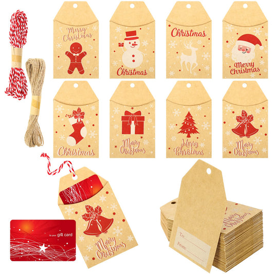 80 Pack Christmas Card Gift Holder Tags Brown Kraft Paper Gift Tags with String for DIY Holiday Christmas Xmas Wrapping Name Card, 8 Designs