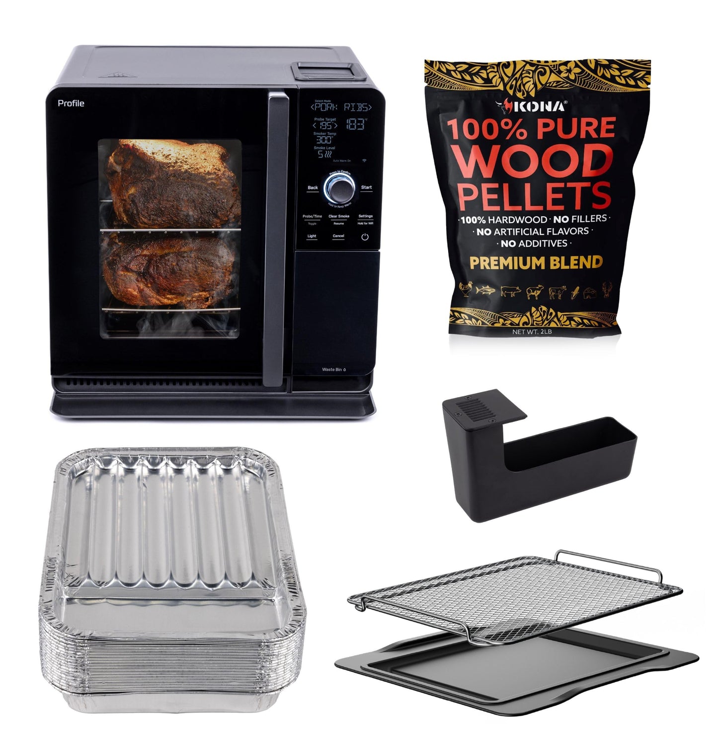 GE Profile™ Smart Indoor Pellet Smoker + Accessories Bundle, Includes Four 1lb Bag, Strainer, 20-pack of Drip Pan Liners, and Prep Tray, Stainless Steel, Carbon Black