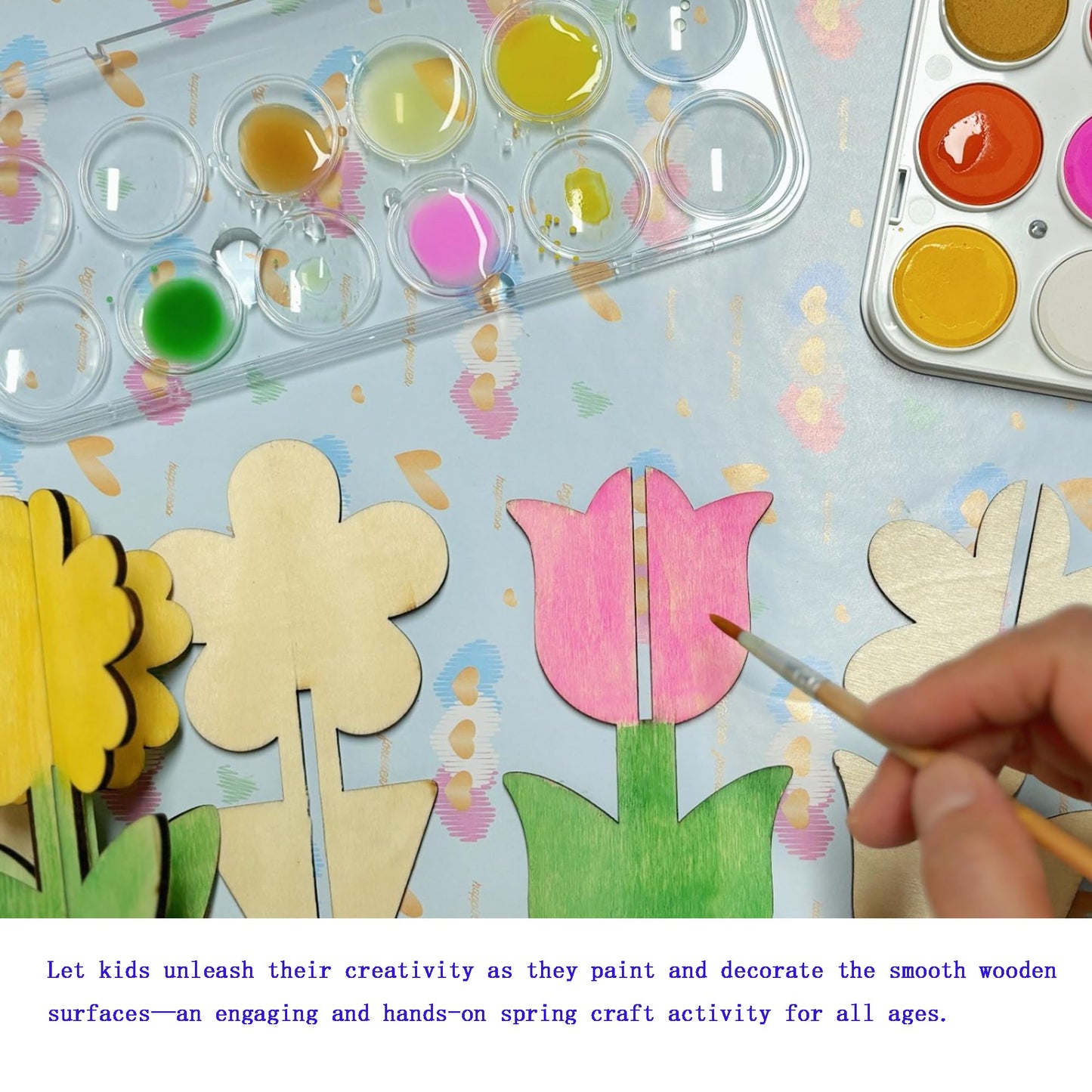 40PCS 3D Unfinished Blank Flower Wooden Cutouts Craft for Kids,Spring Tulip for Children's Painting DIY Room Decoration Gift Giving Surprise (40Flower)