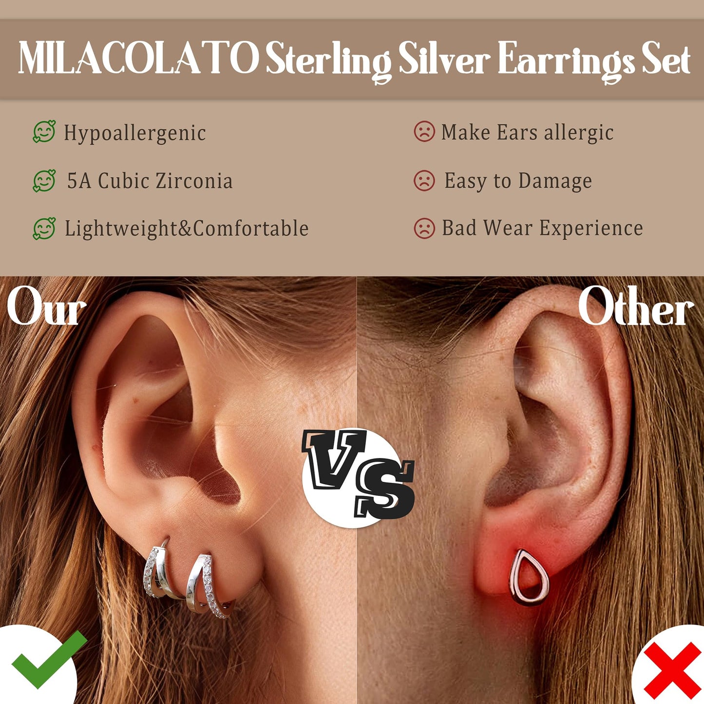 MILACOLATO 925 Sterling Silver Earrings for Women, 14K White Gold Plated Small Huggie Hoop Earrings, Single CZ Double Hoop Earrings Stacks Trendy Jewelry Gifts