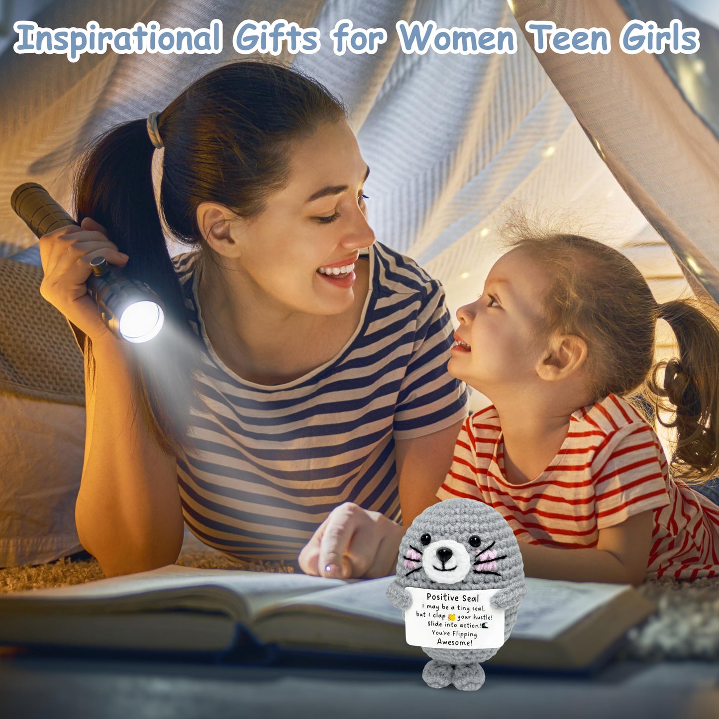 Inspirational Gifts for Women Men Teen - Handmade Emotional Support Crochet Seal, Positive Mothers Day Thanksgiving Gift, Cute Mini Stress Relief Desk Decor for Friend Coworker Her Him