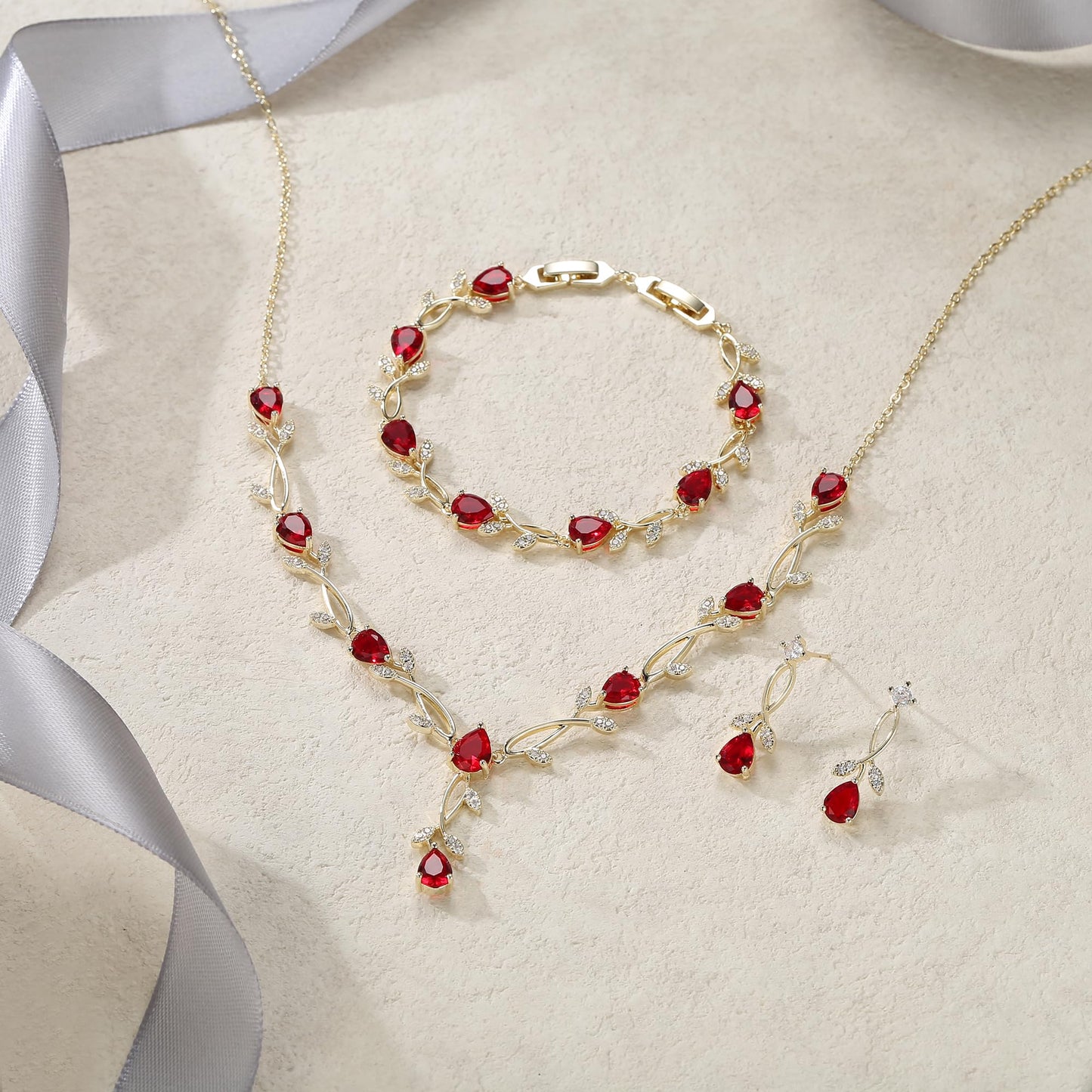 EVER FAITH Wedding Party Jewelry Set for Women, Red Teardrop Cubic Zirconia Gold-Plated-Brass Leaf Costume Prom Necklace Earrings Bracelet Sets Gift for Mother Friend Wife Daughter Sister