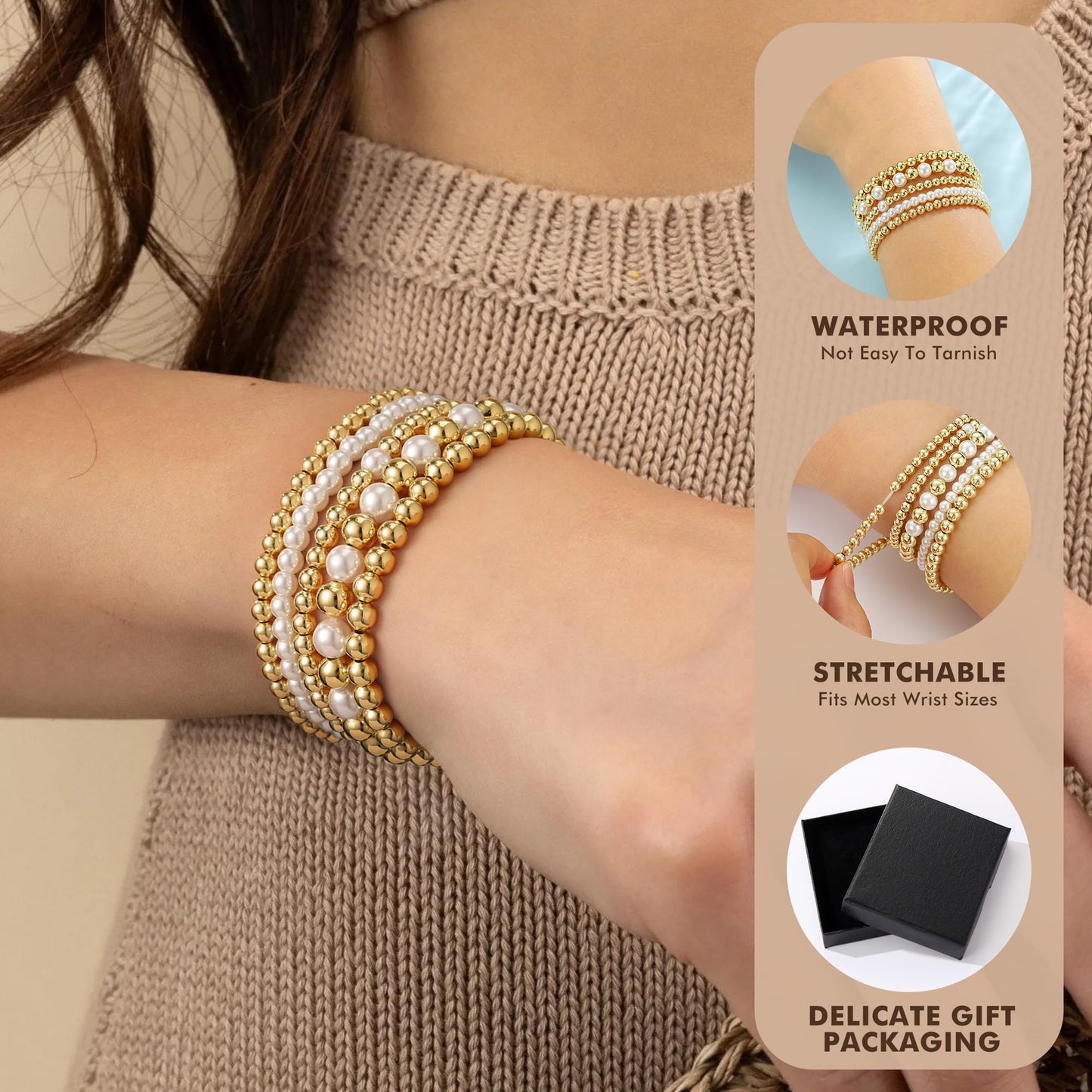 Yoosteel Gold Beaded Bracelets Set for Women - 14k Gold Plated Dainty Round Beaded Pearl Bracelet for Women Simplicity Stackable Jewelry Gifts（5 Pcs）