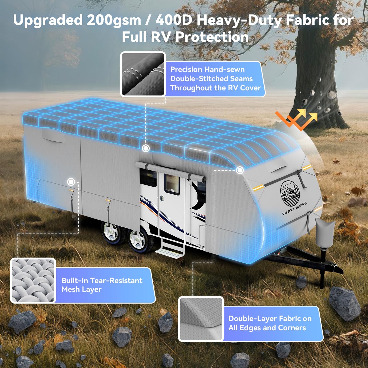 Heavy Duty Travel Trailer RV Cover 24-27ft, Rv Trailer Cover 8 Layers Breathable Waterproof Rip-Stop Camper Cover with Adhesive Repair Patches, Gutter, Tire & Additional Straps
