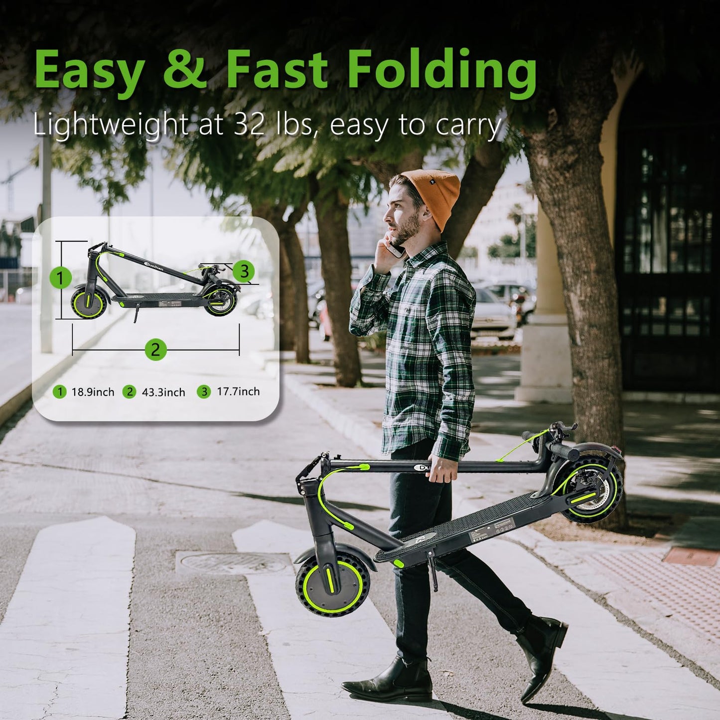 Electric Scooter for Adults, Folding E Scooter with 350W/500W Motor 19Mph Top Speed 18 Miles Long Range, 8.5" Solid Tires Portable Commuting Motorized Kick Scooters Double Braking System - Green