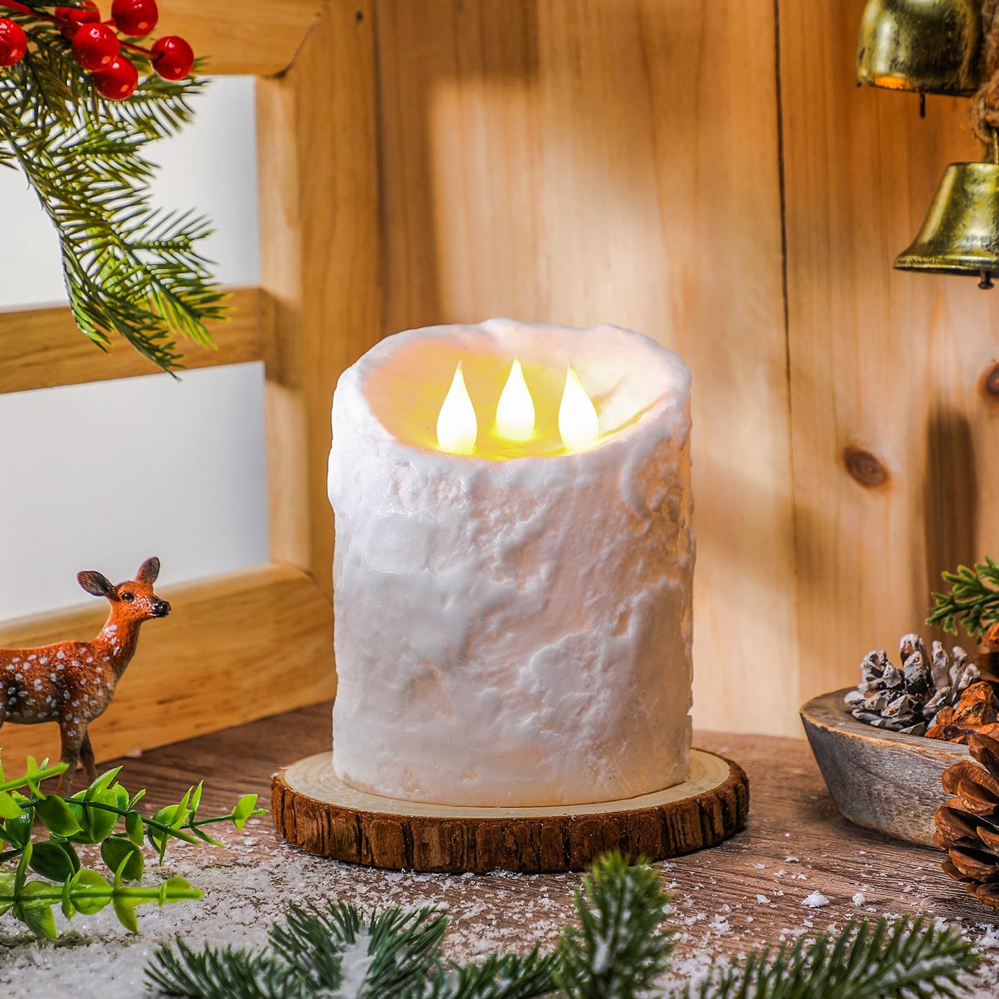Baquler Large Flameless LED Battery Operated Pillar Candle - 3 Wick 5"x4"" Snowy Frosted White Flameless Christmas Fake Candle for Xmas Table Centerpiece Holiday Rustic Indoor Home Decor"