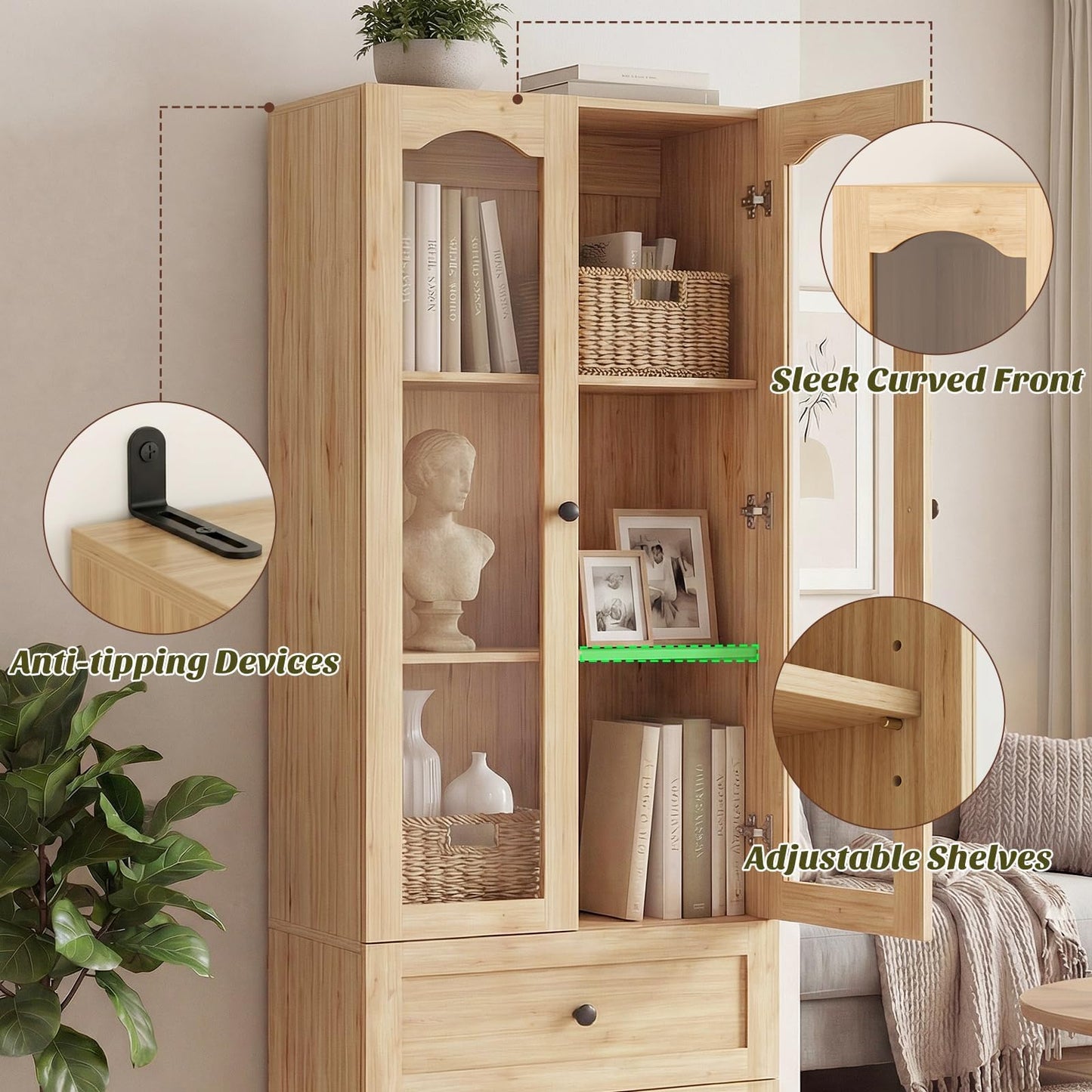 Cyclysio 80" Tall Pantry Cabinet for Kitchen Storage, Natural Oak Pantry Cabinet with Glass Doors & 3 Drawers - Freestanding Storage Bookcase with Built-in Baseboard Notch for Dining, Living Room