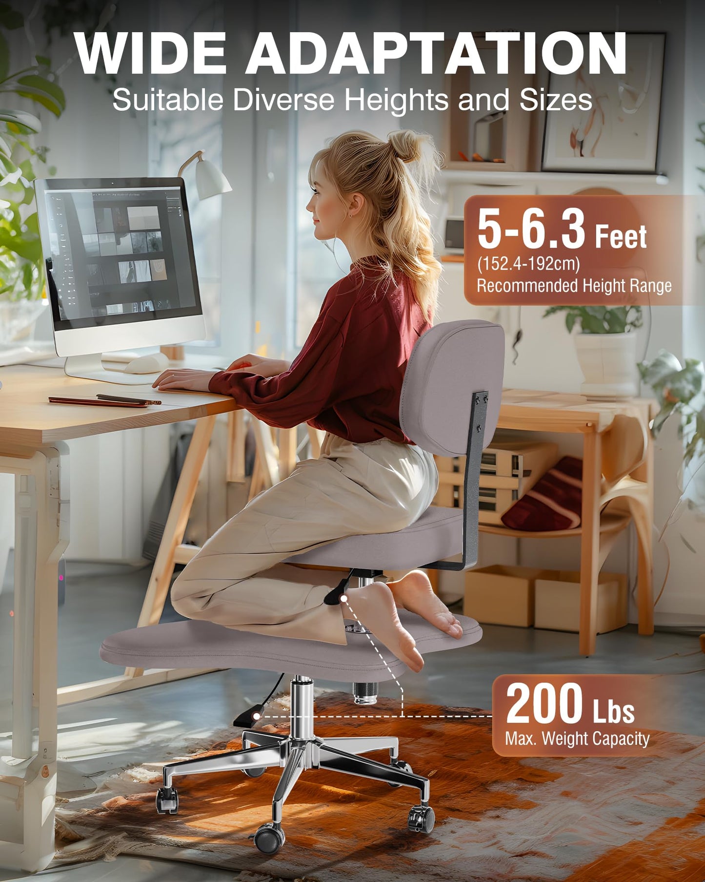PYY ADHD Chairs for Adults - Meditation Cross Legged Office Chair with Wheels, Ergonomic Squatting Kneeling Fidget Chair with Lumber Back Support Adjustable Height for Home and Office Gray