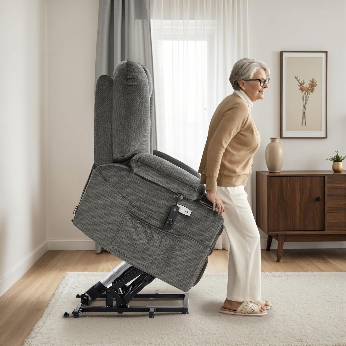 MCombo Oversized Power Lift Recliner Chair Sofa with Massage and Heat for Elderly People Petite, USB Ports, Side Pockets, Fabric R7561 (Grey, Small-Oversize)