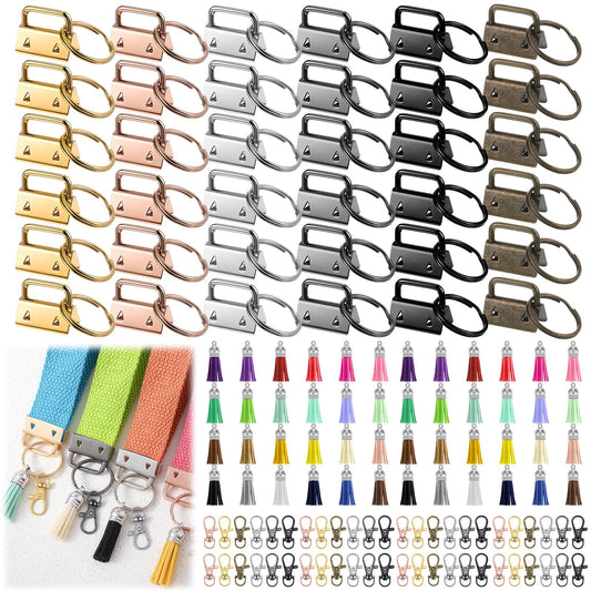 144 Pcs Keychain Hardware Set Key Fob Hardware Set - 48 Pcs 1 Inch Keychain with Keyring, 48 Pcs Colorful Leather Keychains Tassel and 48 Pack Swivel Snap Hooks for DIY Craft Supplies (Multicolor)