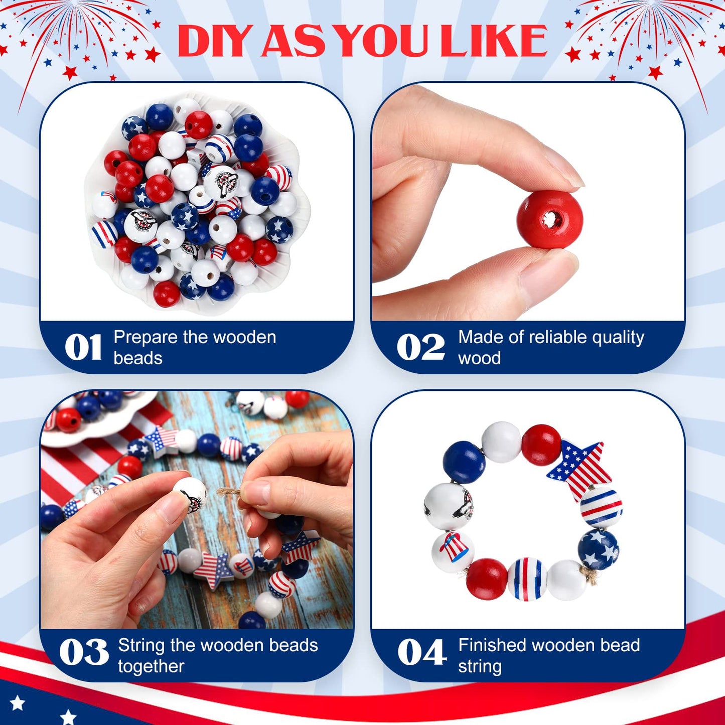 Chunful 300 Pcs 4th of July Wood Beads 250th Anniversary Patriotic Red White and Blue America Flag Star Charm Memorial Day Wooden Craft Beads for Independence Day DIY Jewelry Making, 9 Design