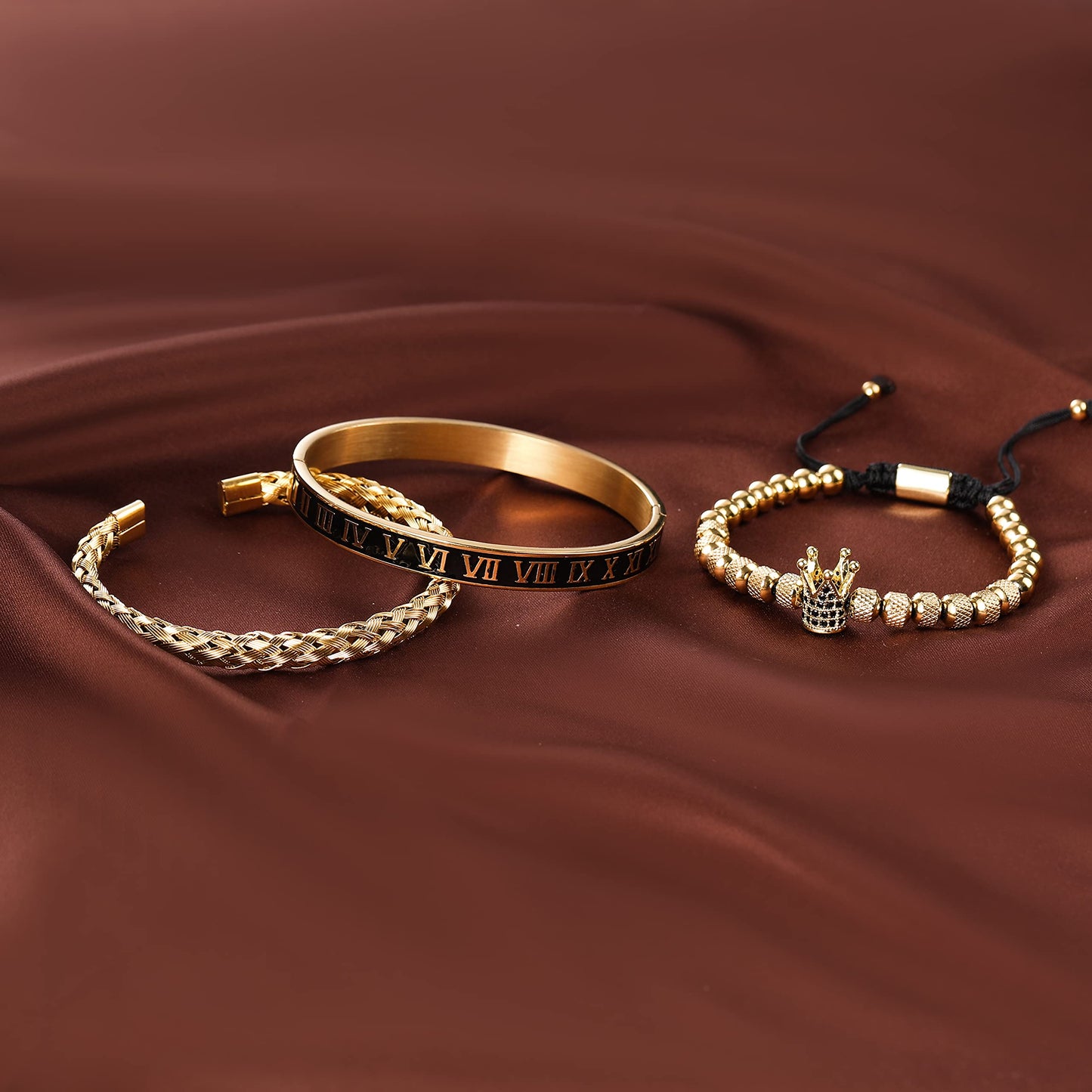 WFYOU 3PCS Stainless Steel Bracelets for Men Gold Roman Numeral Bangle Bracelet Twisted Cable Bracelet Adjustable Cuff Bracelet Mens Luxury Jewelry Bracelets Gifts(I:Gold)