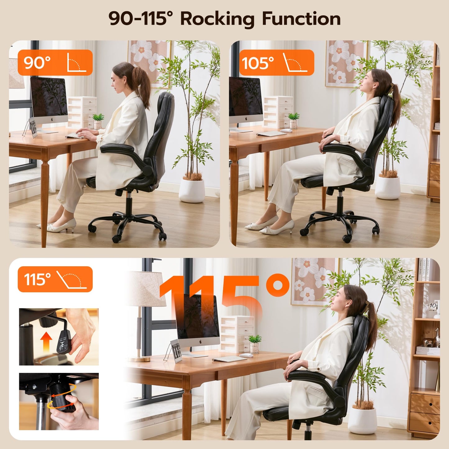 Office Desk Chair, Ergonomic Computer Chair with Padded Flip-Up Arms and Adjustable Lumbar Support, PU Leather Executive Chair with Tilt Lock and 360° Swivel Rolling Wheels for Work, Study