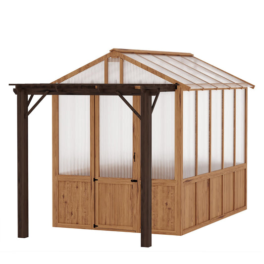 8x13FT Wooden Greenhouse with Pergola – Cedar Frame, Roof Vent & Polycarbonate Walk-in Greenhouse for Outdoor