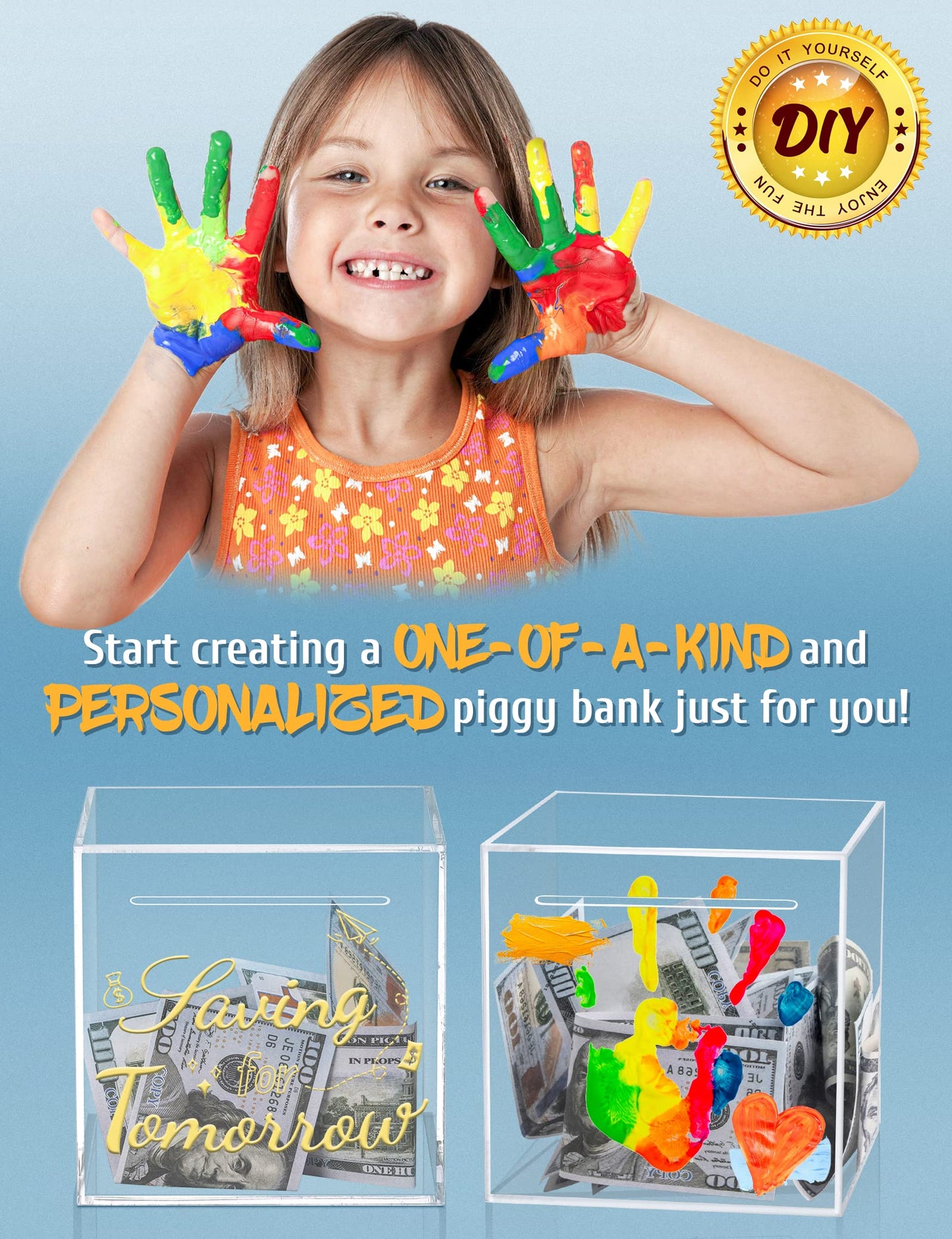 Kypeeka Clear Acrylic Piggy Bank for Adults Kids, Clear Money Saving Box Must Break to Open, Unopenable Piggy Bank for Cash Coins - 4.72"