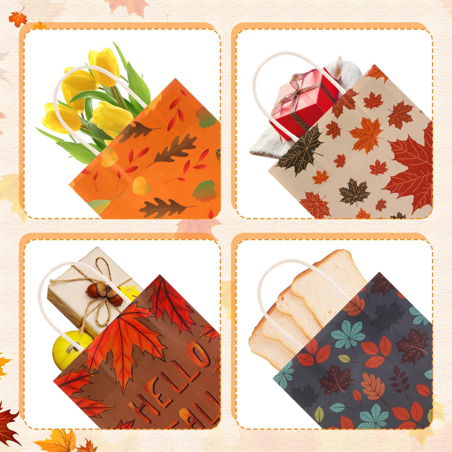 Tenceur 24 Pcs Fall Gift Bags Bulk Kraft Paper Orange Gift Bags Maple Leaf Elements Goody Candy Treat Pouches with Handles for Thanksgiving Autumn Wedding Birthday Party Favors