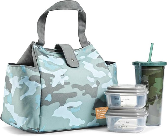 Fit & Fresh Lunch Bag For Women, Insulated Womens Lunch Bag For Work, Leakproof & Stain-Resistant Large Lunch Box For Women With Containers and Matching Tumbler, Snap Closure Westport Bag Sage Camo