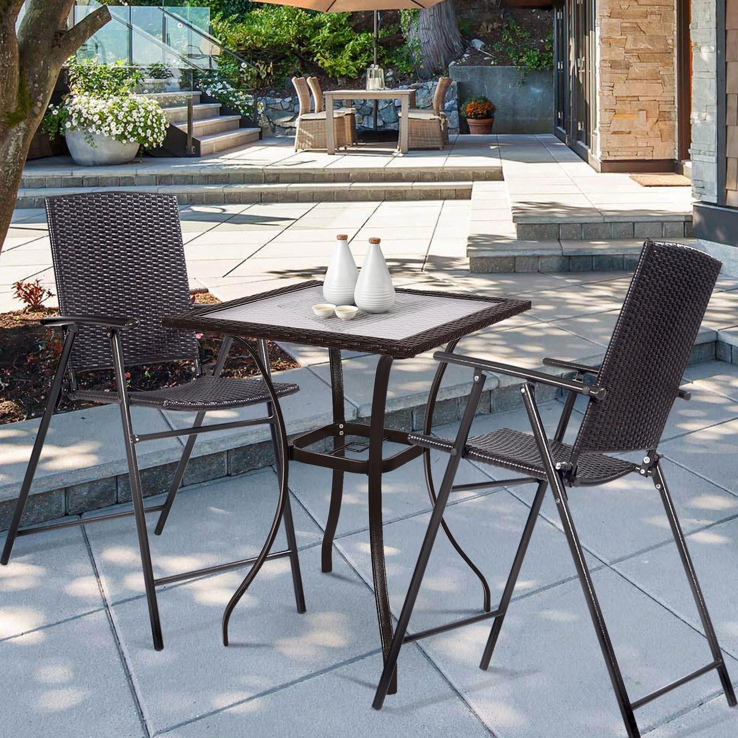 LUARANE Folding 4 Pieces Wicker Rattan Chairs, Tall Bar Stool Set with Back Steel Frame Footrest Armrest, Weather-resistant Comfortable Chairs for Outdoor Indoor Garden Patio Furniture Set, Brown