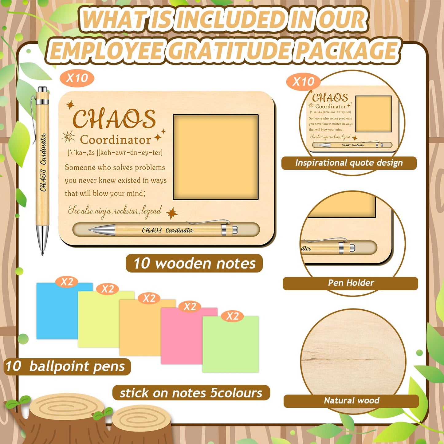 Kosiz 10 Set Chaos Coordinator Appreciation Gifts Bulk Wooden Sticky Note Holder with Notes and Ballpoint Pens Thank You Appreciation Gifts for Chaos Coordinator Team Employee Office Supplies