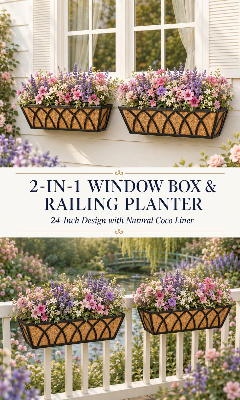 Y&M 4pcs 24 Inch Planter, Metal Window Boxes with Coco Liner, Indoor Outdoor Hanging Flower Planter for Garden, Lawn, Balcony, Porch, Fence, Patio Rail