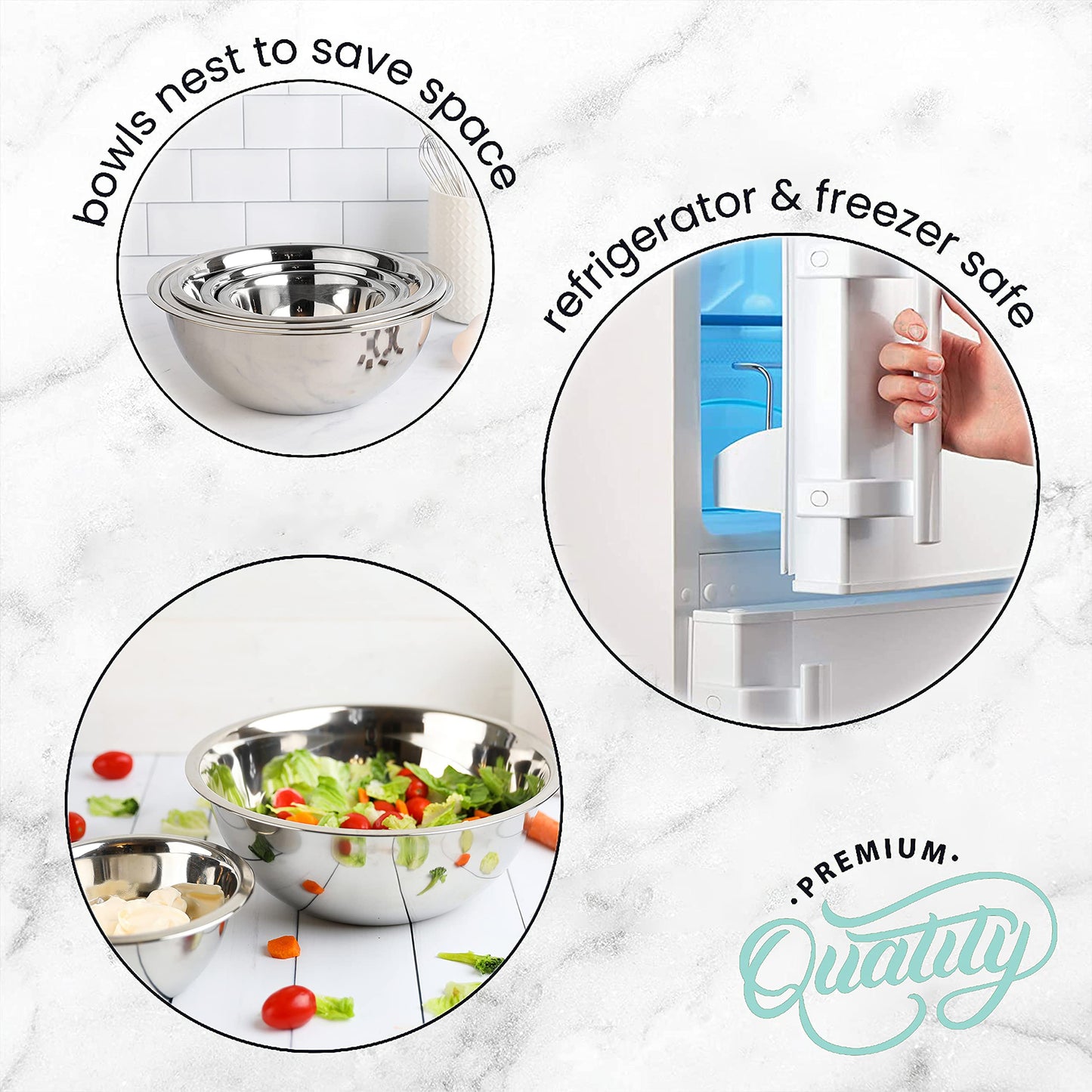 WHYSKO Meal Prep Stainless Steel Mixing Bowls Set, Home, Refrigerator, and Kitchen Food Storage Organizers | Ecofriendly, Reusable, Heavy Duty (White)
